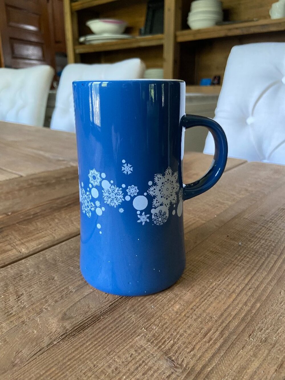 caribou coffee collectible mug, blue snowflake coffee mug, tall ceramic